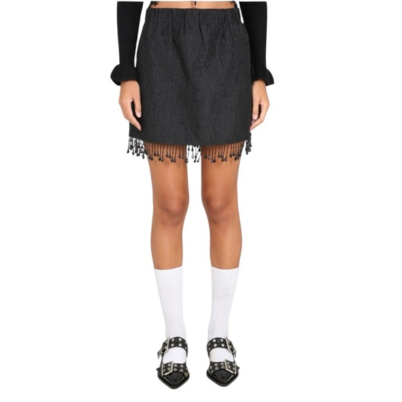 Ganni Black Beaded Fringe Organza Jacquard Mini Skirt NWT Size EU 36 - Picture 1 of 11